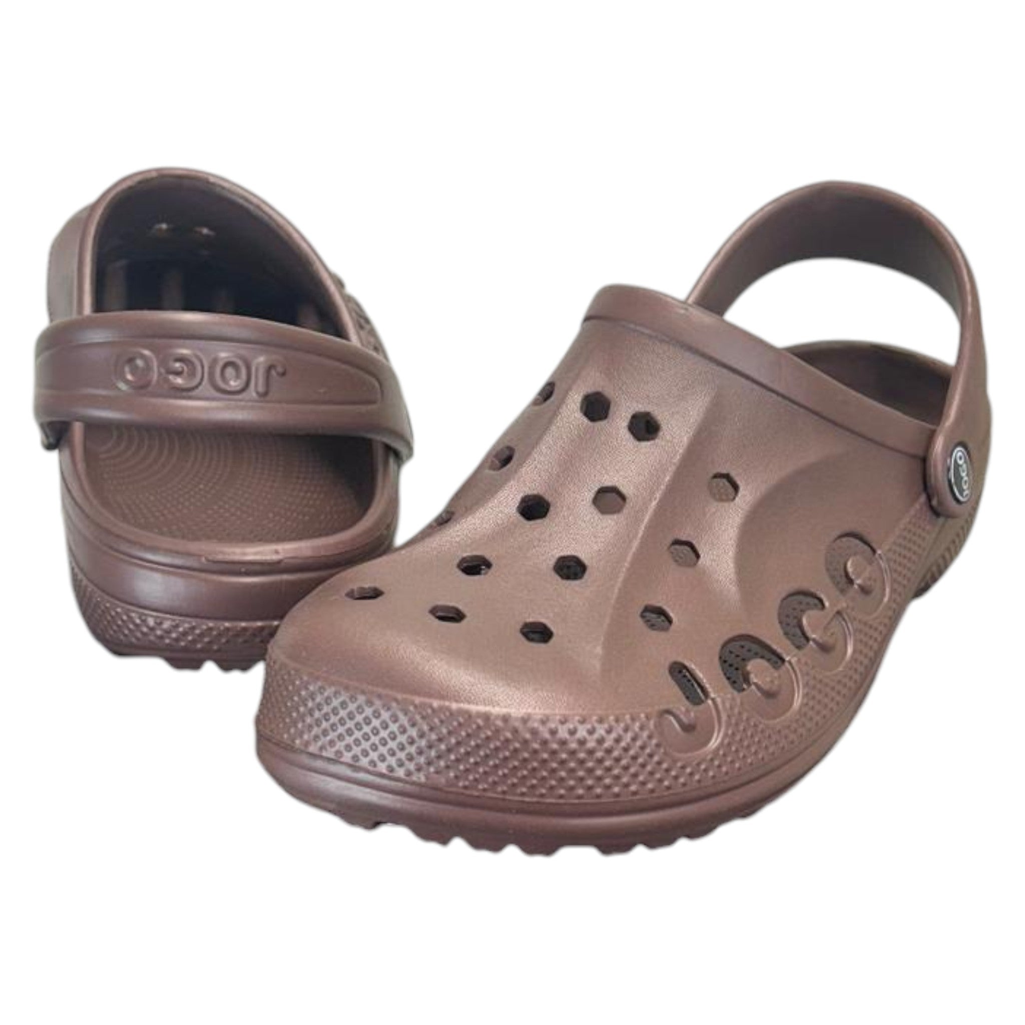 Mens dark brown Jogo clogs with breathable ventilation holes and adjustable heel strap – lightweight unisex slip-on garden shoes